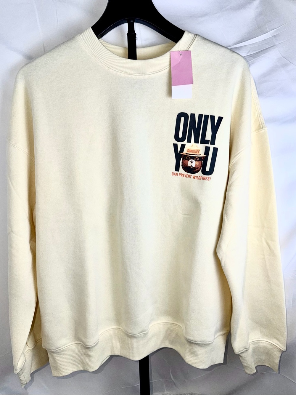 Smokey Bear Only You Crewneck Sweatshirt Cream Graphic Back NWT